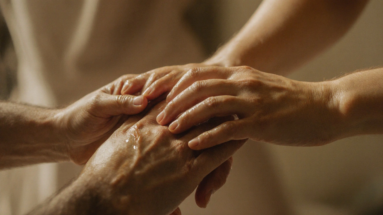 Dva ruce, muže a ženy, společně jemně masírují penis v atmosféře důvěry a blízkosti.