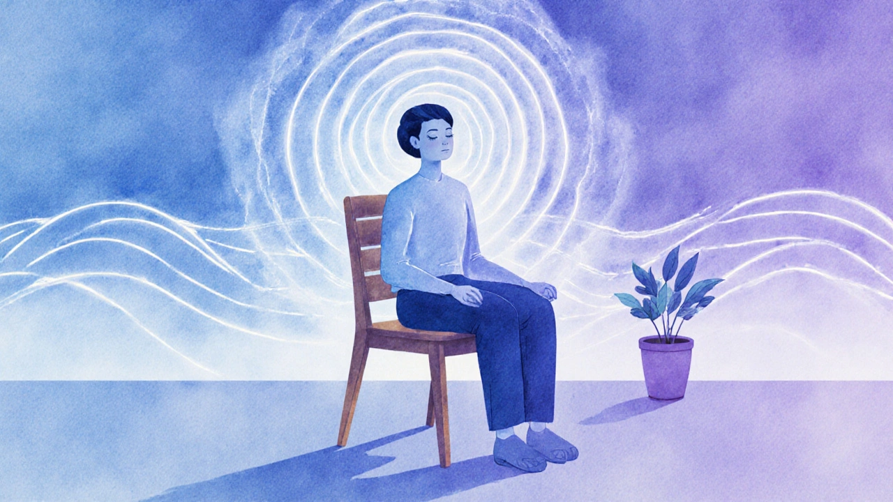 Osoba medituje s jemnými energetickými vlnami kolem sebe, znázorňujícími dechovou techniku 4-7-8.