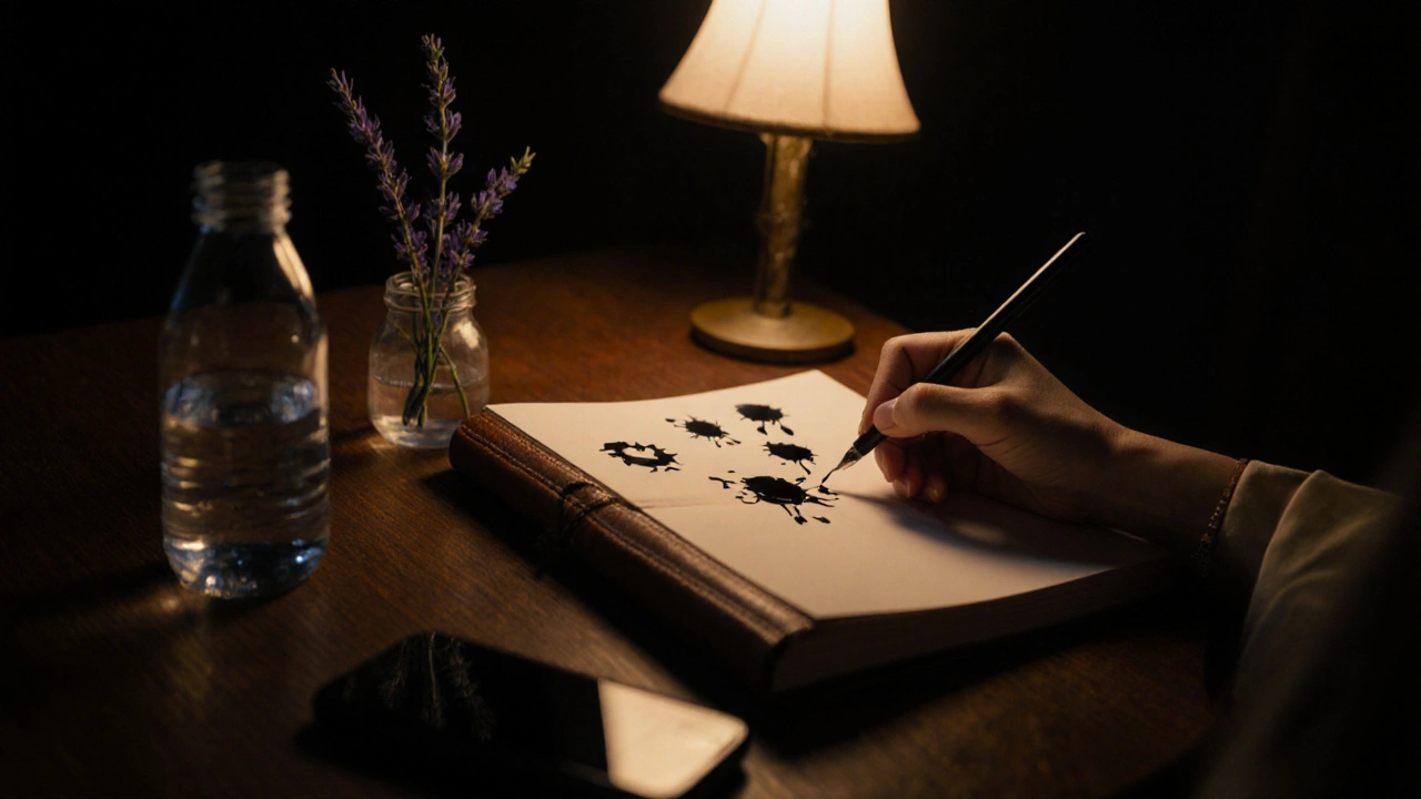 Ruka píše do deníku po masáži, vedle voda a levandule, telefon je obrácený dolů.