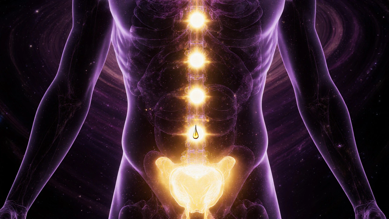 Abstraktní tělo září energií, sedm chakrá a zavěšená kapka symbolizují oddělení orgasmu a ejakulace.