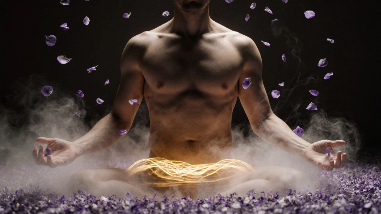 Abstraktní zobrazení zlaté energie vystupující z těla muže, doprovázené větráním lilek a kouřem, symbolizující uvolnění bez dotyku.