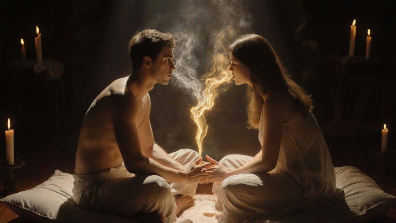 Dva partneři sedí čelem k sobě, dotýkají se rukou, jejich dech je synchronizovaný a viditelný jako světelné vlny.