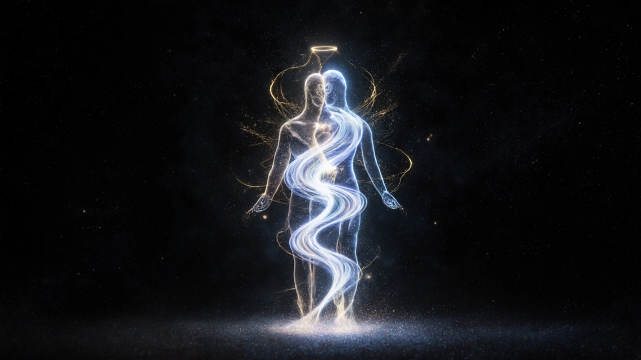 Dvě postavy se slévají do jasné energie, která proudí od dolních čak k hlavě, vyznačená zlatými vlákny.