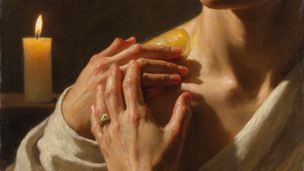 Dvě ruce se dotýkají ramene v tichém prostředí, olej září v měkkém světle.