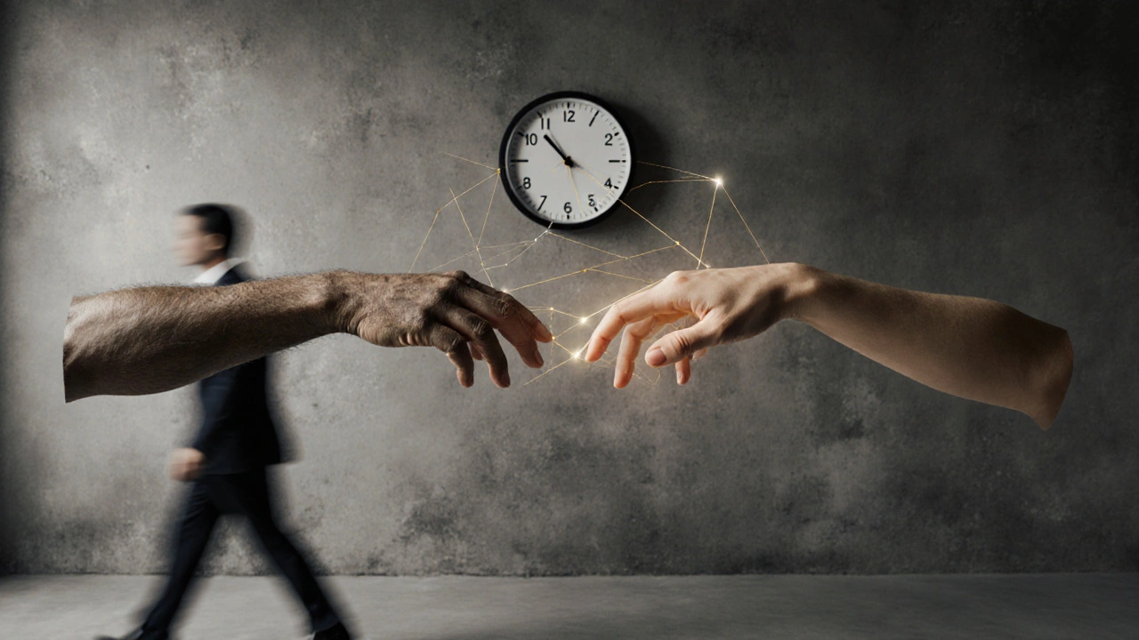 Dvě ruce se navzájem dotýkají zlatými vlákny, jedna unavená, druhá klidná, za nimi hodiny a postava odcházejícího klienta.