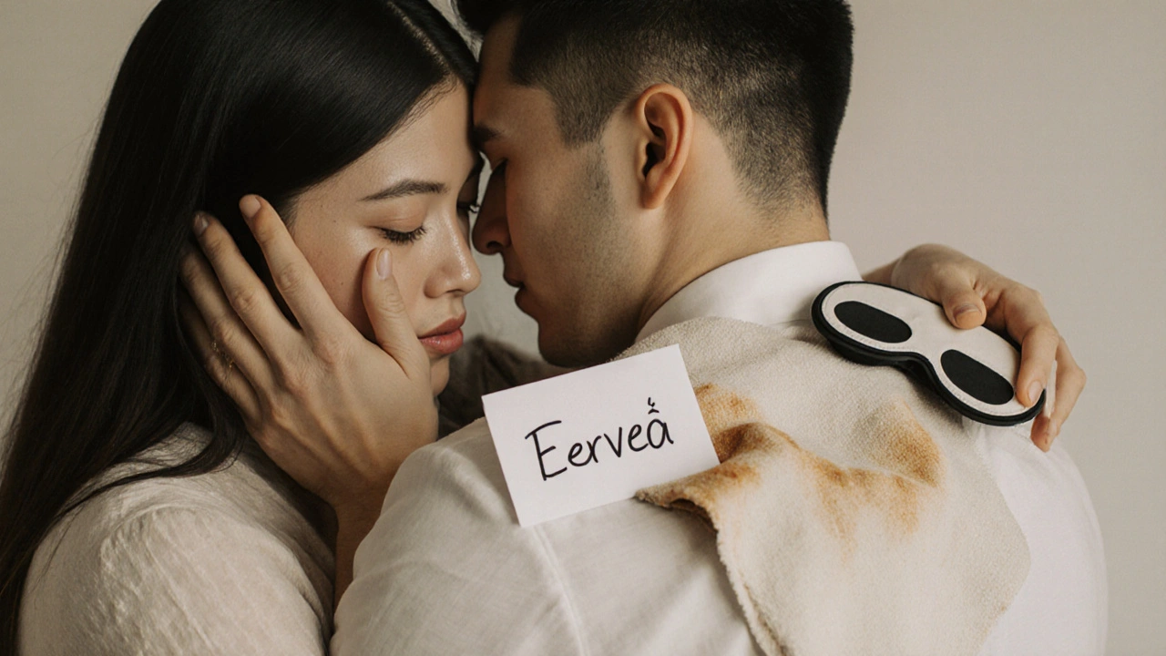 Dvojice se objímá po sesiji, slzy na tváři, symbolizující důvěru a emocionální propojení.