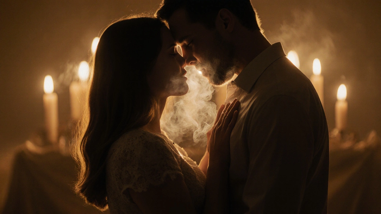 Dvojice se pomalu objímá, jejich dech se spojuje v lehkém mlhavém proudu.