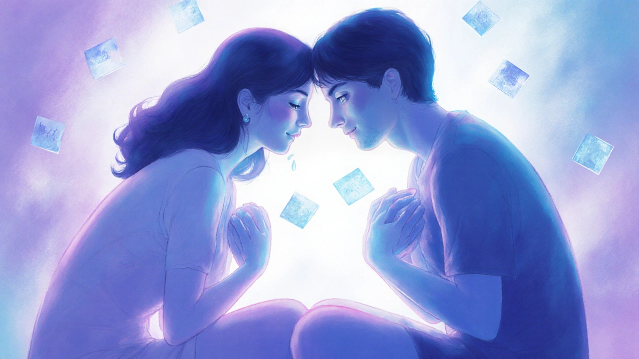 Dvojice sedí čelem k sobě, ruce na srdcích, jedna pláče s úsměvem, druhá jemně drží její tvář.