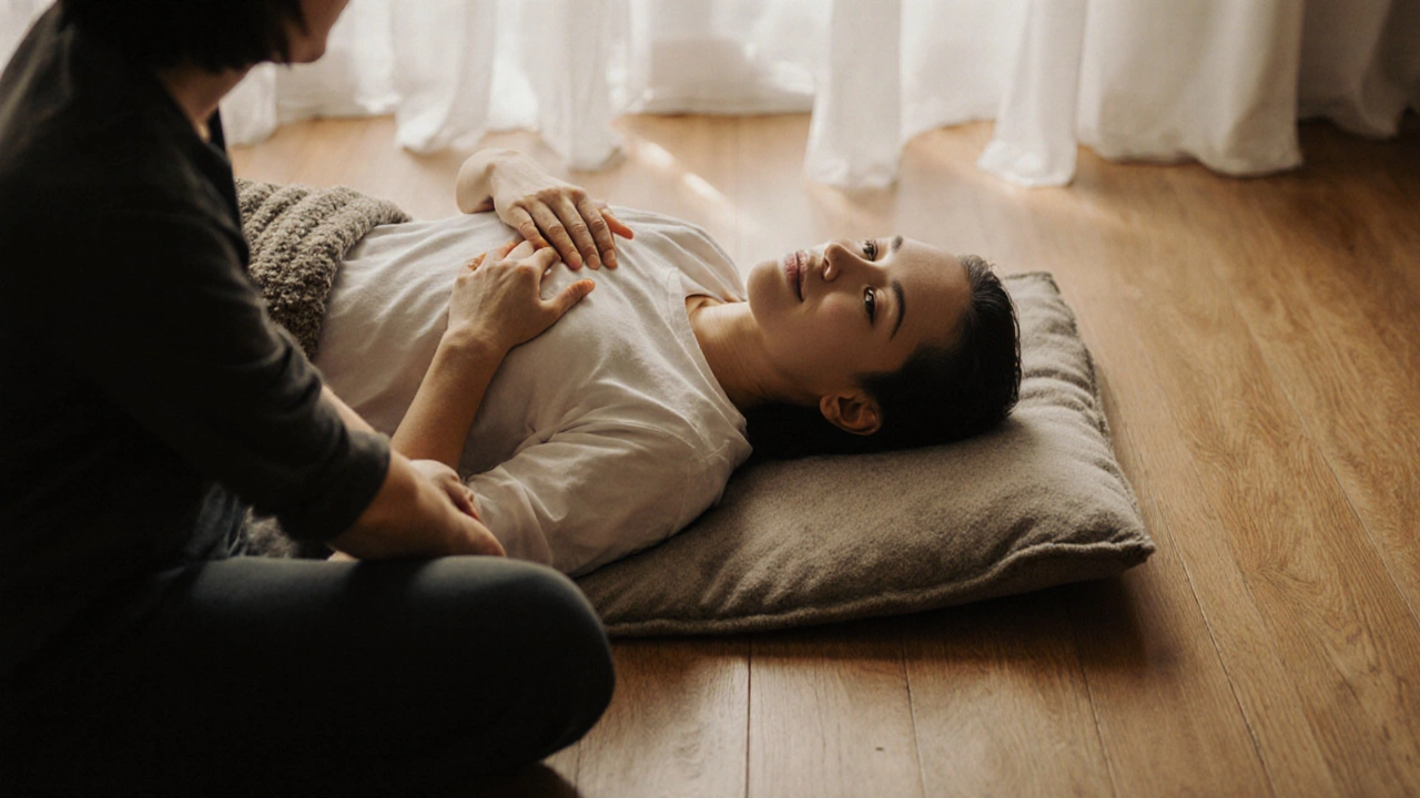 Masér a osoba dýchají současně, ruce v klidném kontaktu, obličej vyjádřený klidem a důvěrou, teplé odstíny v pozadí.