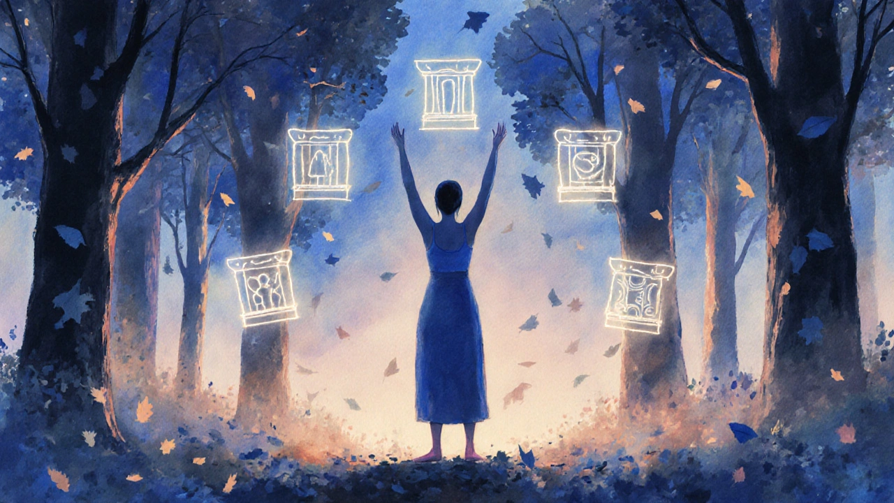 Masér stojí v lese večer, ruce nad hlavou, kolem něj plavou symboly sebepéče a listy se sypou.