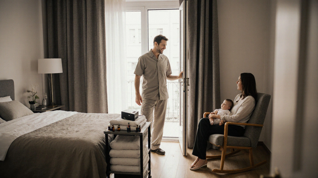 Mobilní masérka přijíždí k bytu s vybavením pro domácí masáž nových rodičů.