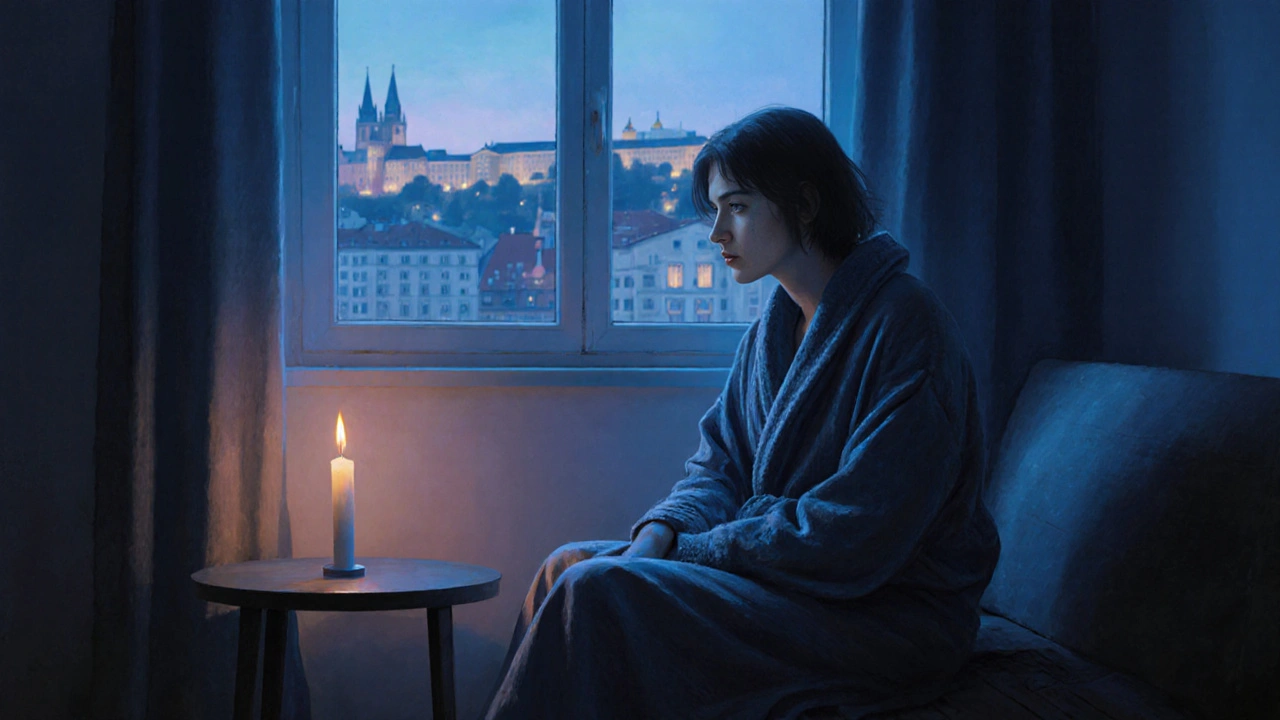 Osoba po seanci sedí u okna v klidné místnosti, zavřené oči, klidný výraz, svíčka na stole.