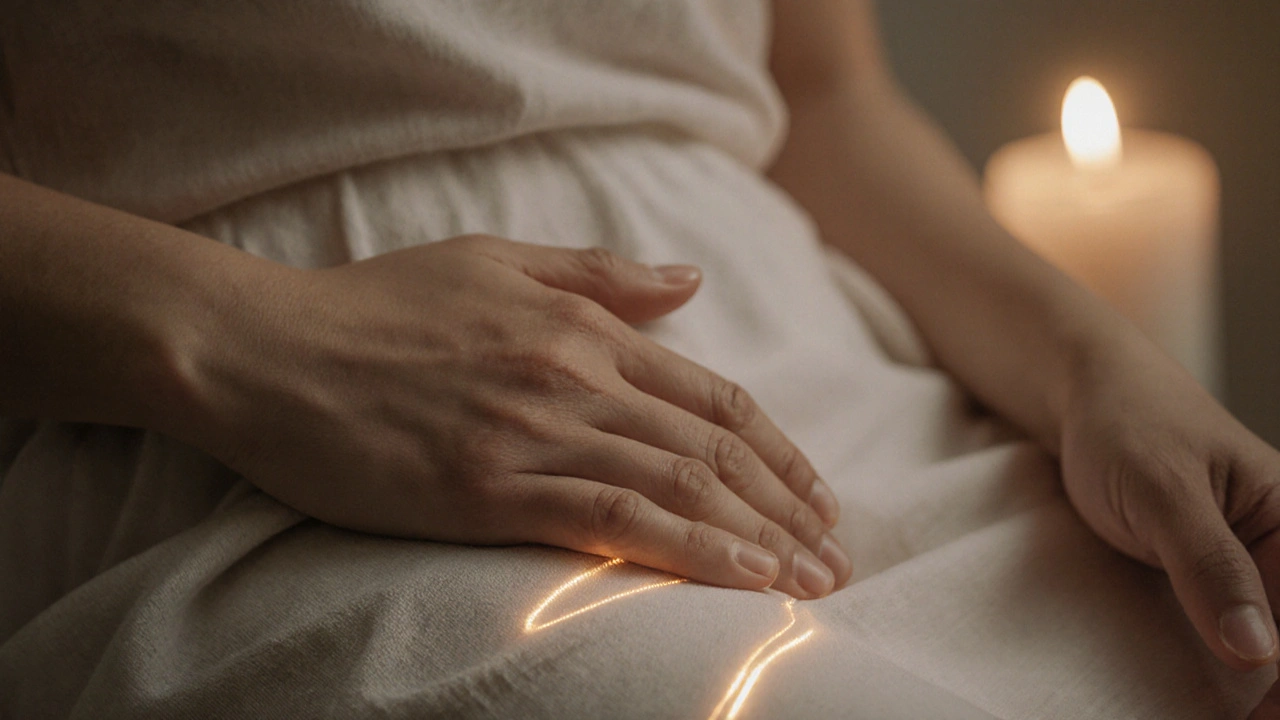Ruce se dotýkají břicha a kolena, jemná zlatá energie se zdá proudit směrem k srdci, klidná a bezpečná scéna.