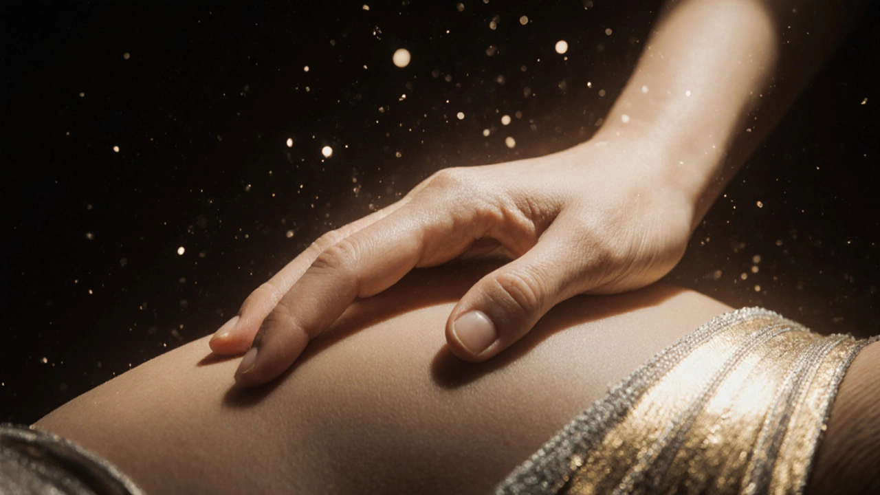 Ruka leží na břiše, kde se cítí vlny energie vystupující z pánve, jemné částice se vznášejí ve vzduchu.