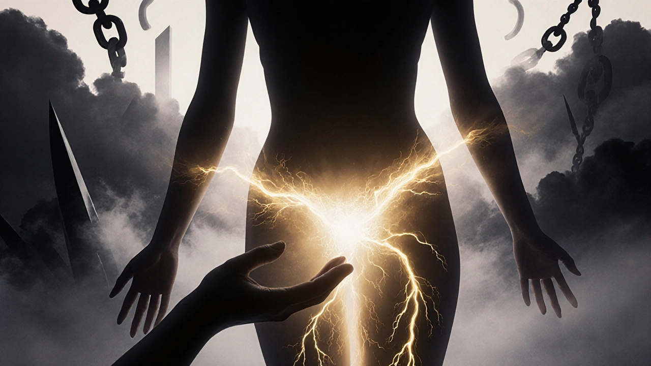 Symbolický obraz ženského těla s zlatou energií proudící z pánve, kde stres mizí jako mlha.