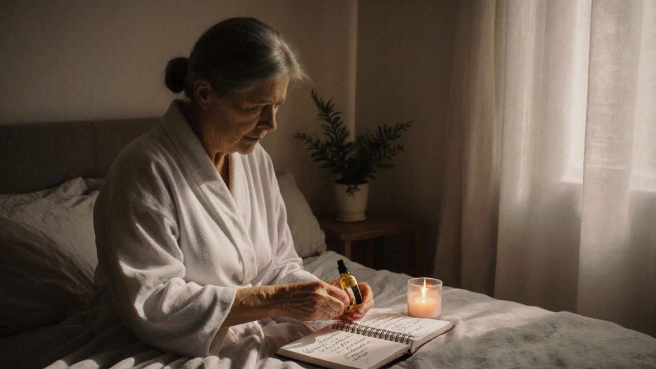 Žena doma si pomalu aplikuje teplý olej na břicho ve vlastním prostoru s svíčkou a sešitem.