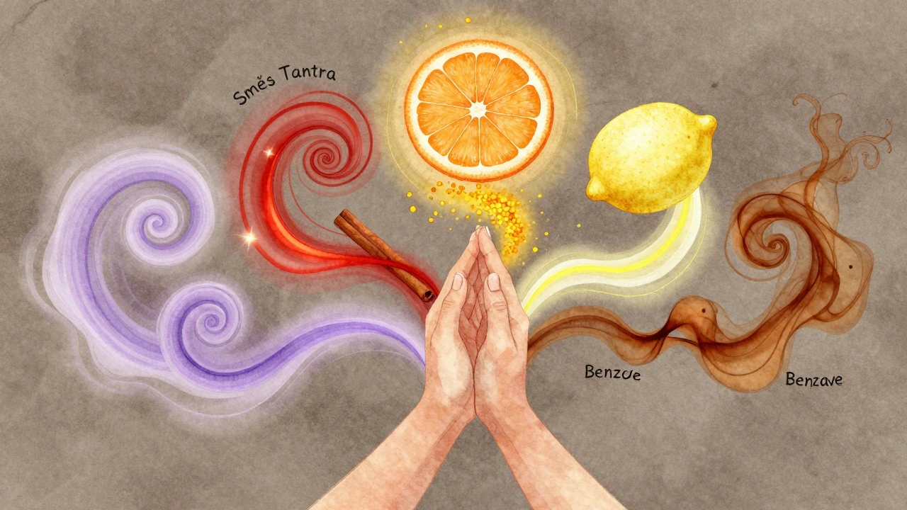 Abstraktní vodové kresby šesti éterických olejů, které se navzájem prolínají nad pohlcenými rukama.