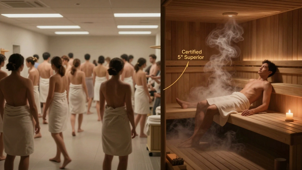 Dvě části scény: rušný wellness prostor a klidná soukromá sauna, spojené zlatou čárou certifikace.