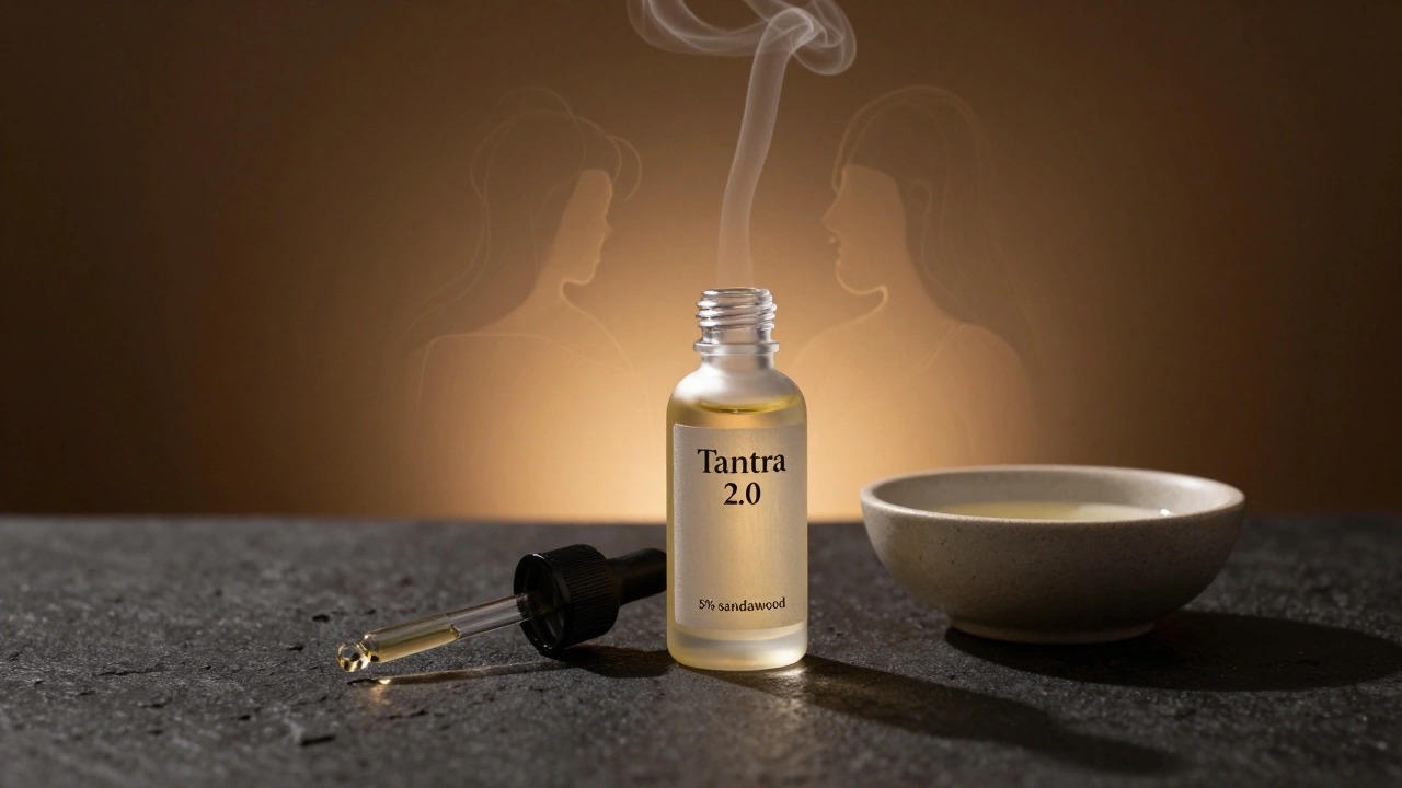 Flakón &#039;Tantra 2.0&#039; s kapkou oleje a nosným olejem na kamenité ploše, lehce se vznášející vůně v podobě objímajících postav.