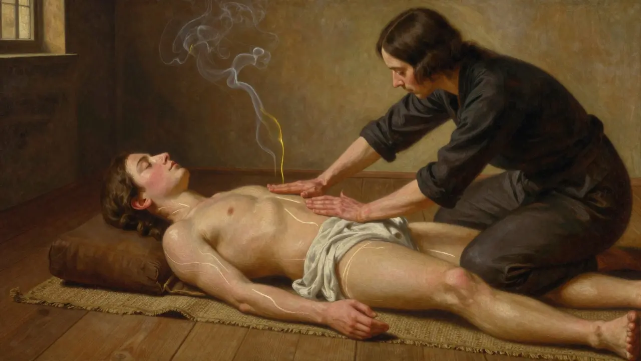 Instruktor jemně koriguje dotek studenta při tantrické masáži v teplém studiu.