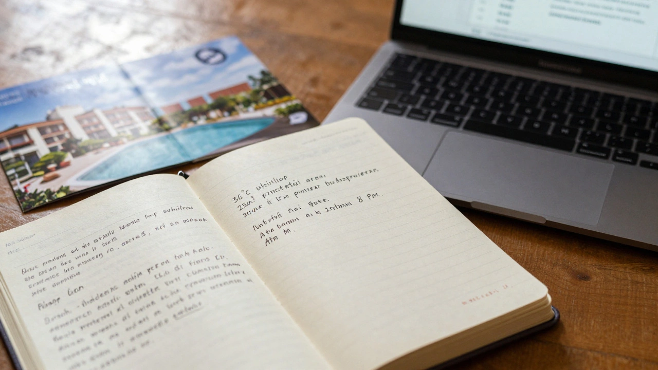 Poznámky v sešitě s detaily o wellness hotelu vedle oficiálního certifikátu Českého cestovního ruchu.