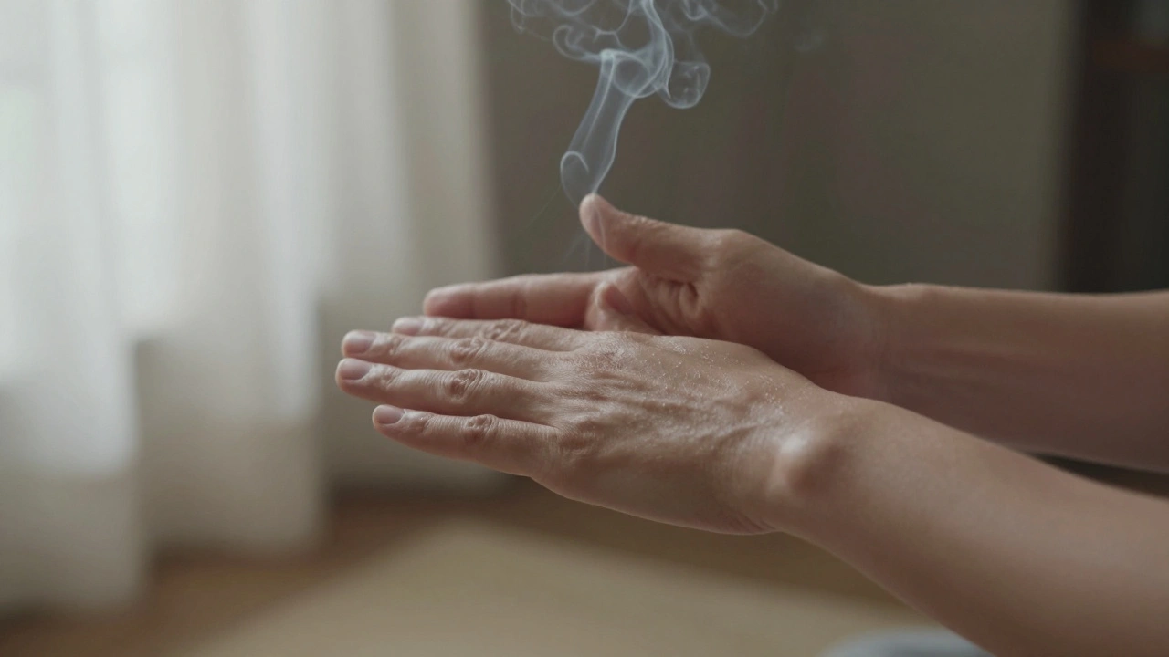 Ruky provádějící pomalé, energetické pohyby během tantrické masáže s olejem na kůži.