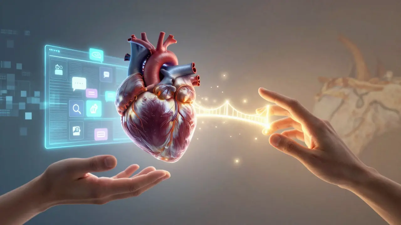 Srdce spojené s digitálním obrazem a skutečným dotekem — symbol hybridního učení.