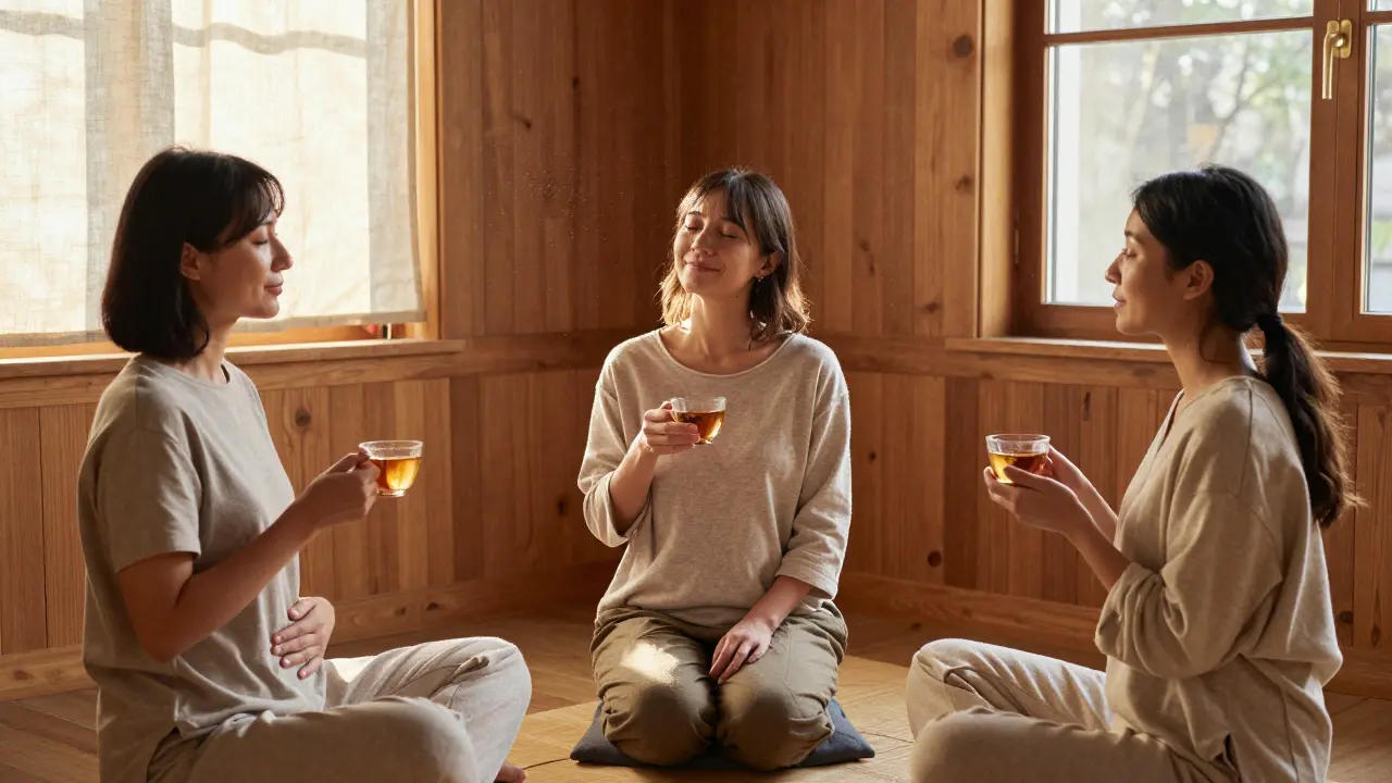 Tři ženy po tantrické masáži sedí v klidu, cítí se uvolněné a přítomné.