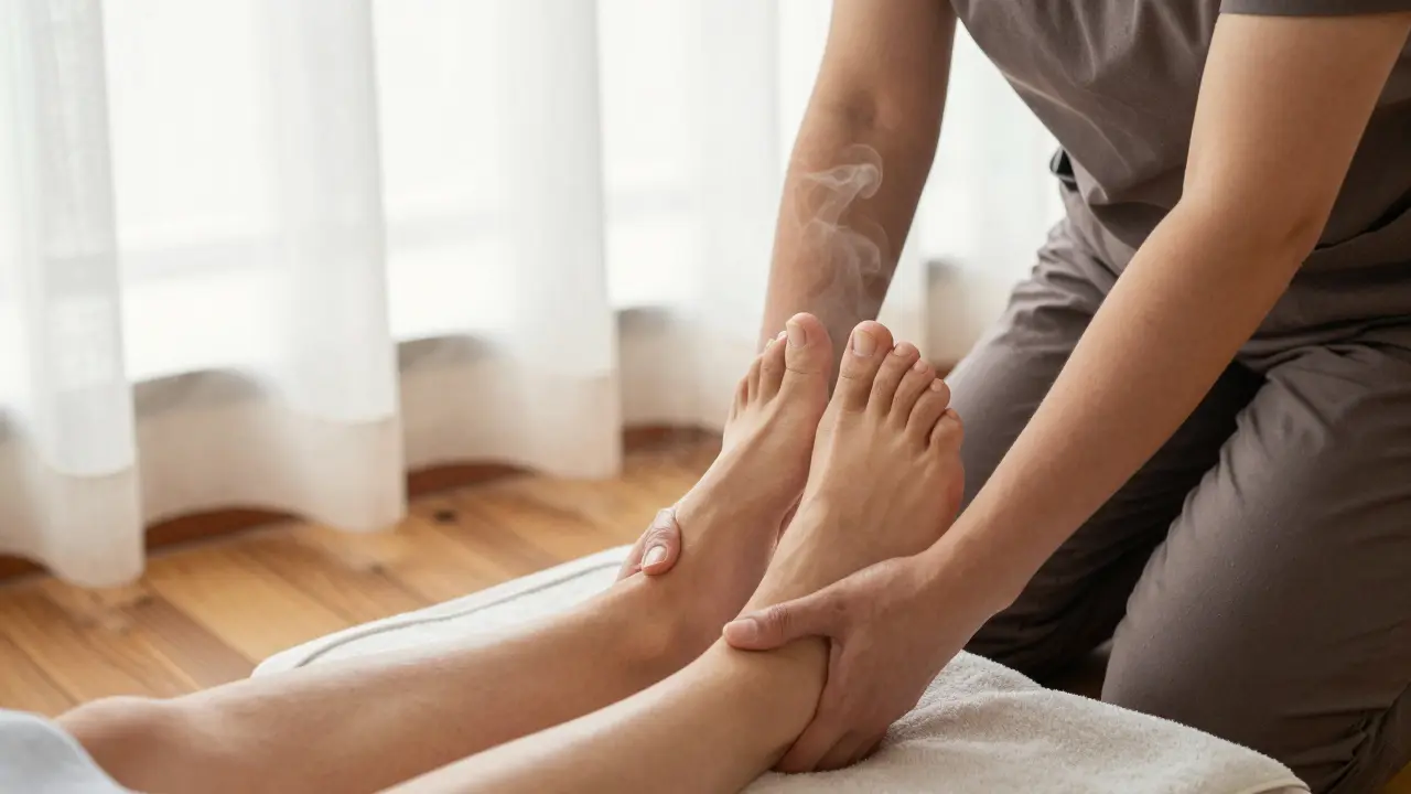 Certifikovaný masér jemně masíruje chodidla klienta v klidném prostředí s přirozeným světlem a teplými ručníky.