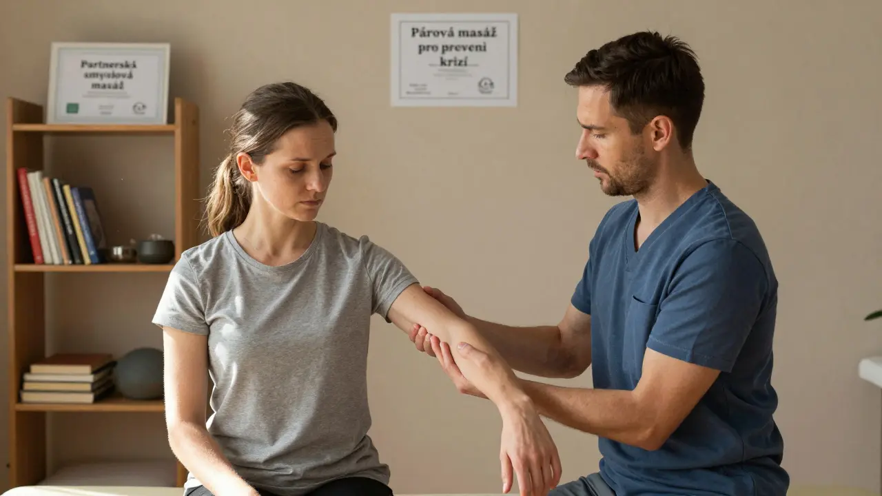 Certifikovaný terapeut ukazuje páru, jak správně dotýkat se v bezpečném prostředí.