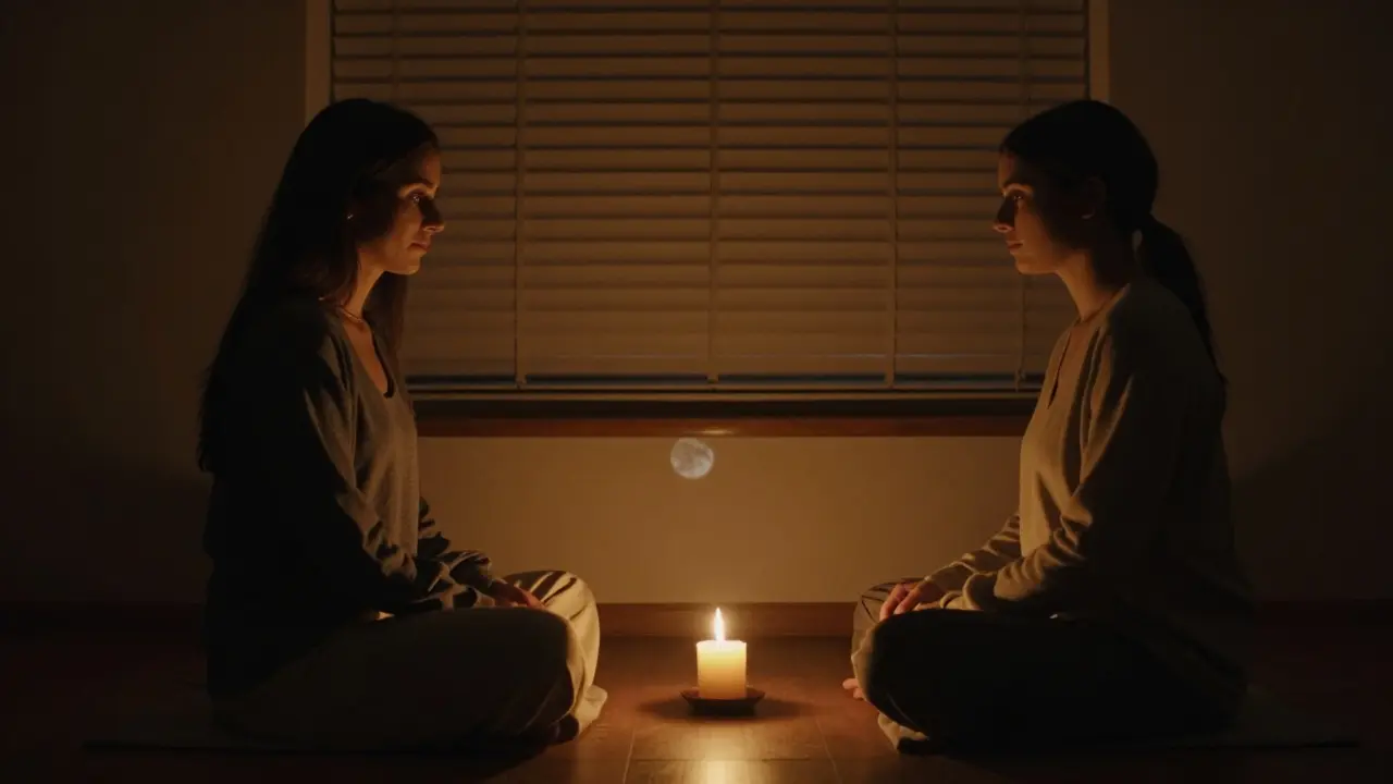 Dvojice tiché sedí a sledují společný plamen ve tmě, jen světlo svíčky osvětluje jejich tváře.
