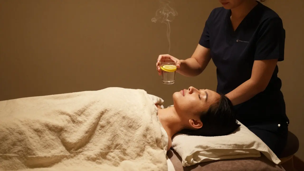 Klient po masáži odpočívá pod teplou přikrývkou, pije vodu s citronem, v klidném, bezpečném prostředí.