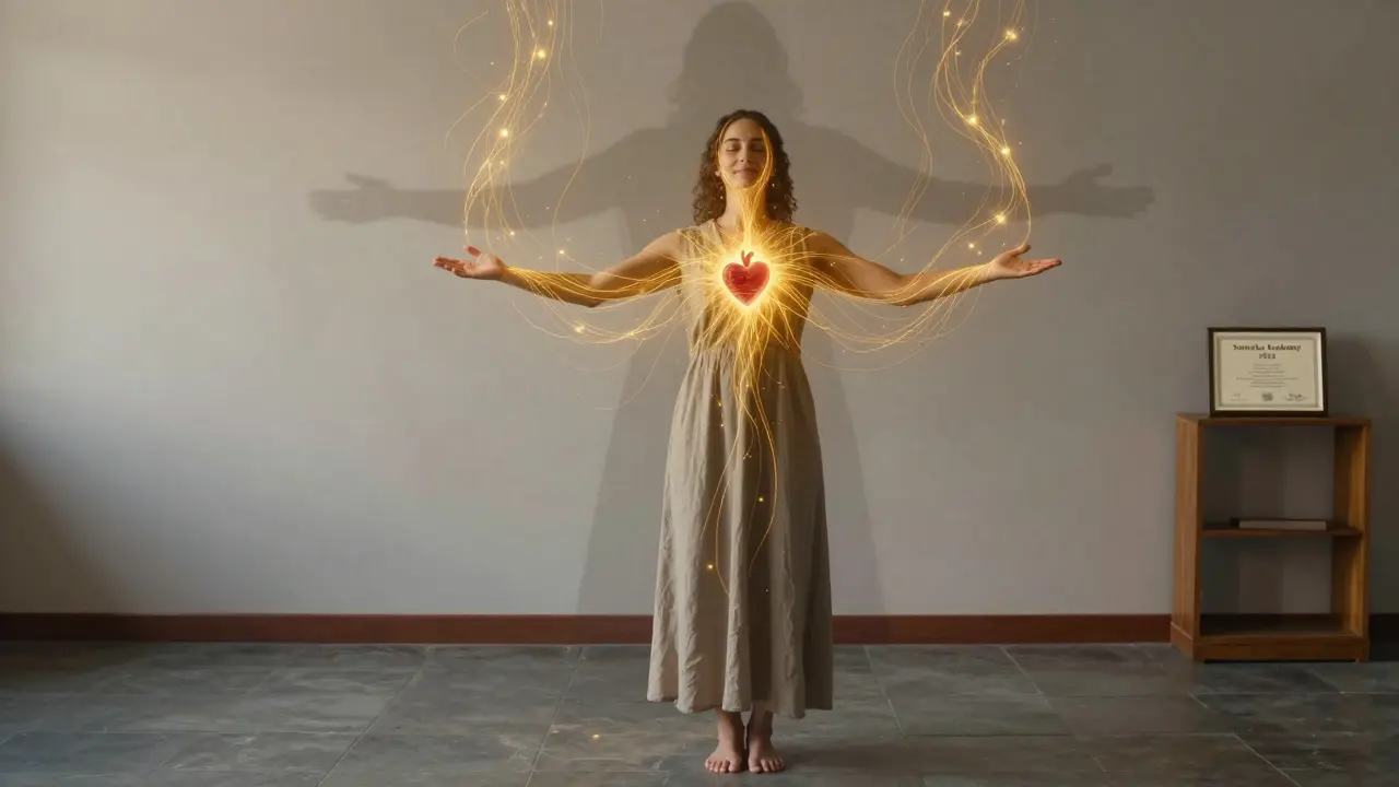 Osoba osvobozená od iluze, energie proudí z těla, za ní certifikát odborného školení.