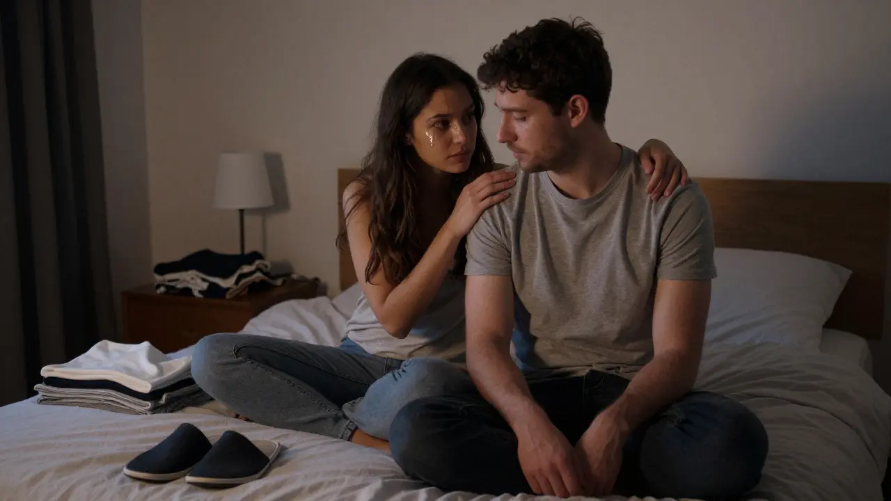 Pár sedí na posteli, když jeden klade ruku na rameno druhého bez slov, jen s přítomností.