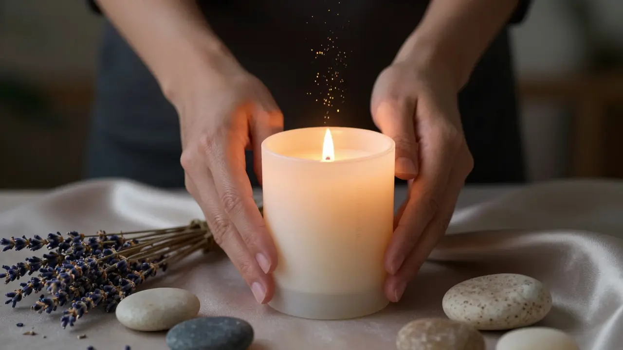 Ruce klidně umisťují tantrickou svíčku na altář s přírodními prvky.