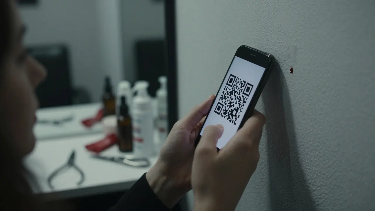 Žena skenuje QR kód v špatně osvětleném prostoru s nečistými nástroji a uschnutou krví.