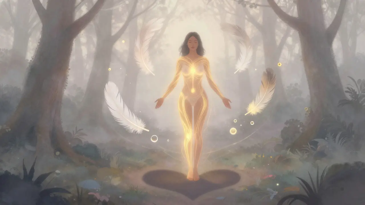 Žena v lese s tělem osvětleným zlatou energií, symbolizující vztah k vlastnímu tělu.