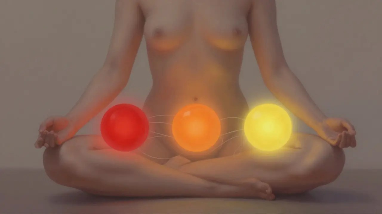 Tři barevné koule symbolizující čakry v oblasti pánve, měkké osvětlení.