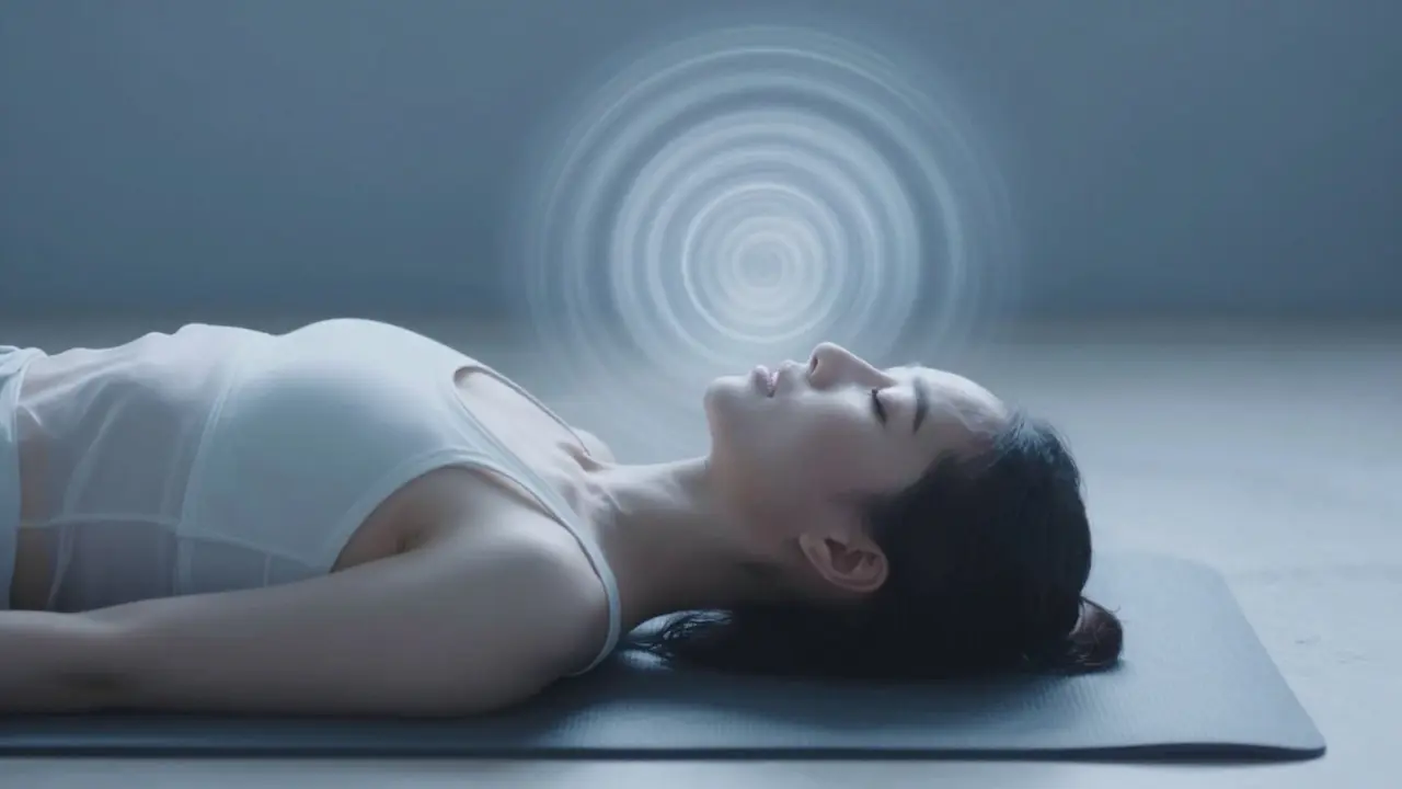 Žena medituje s vlnami zvuku kolem úst, modré a bílé barvy.