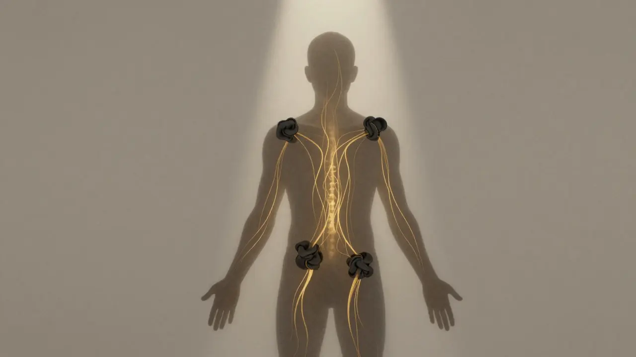 Abstraktní obrázek muže s energií, která uvolňuje tělesné napětí z ramen a páteře.