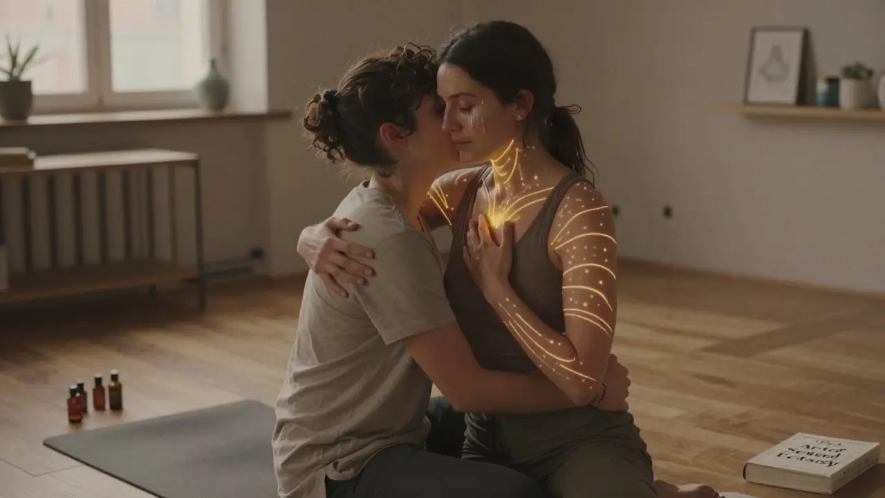 Dva lidé se objímají v klidné místnosti, plné emocí, s jemnými zlatými čarami energie mezi jejich těly.