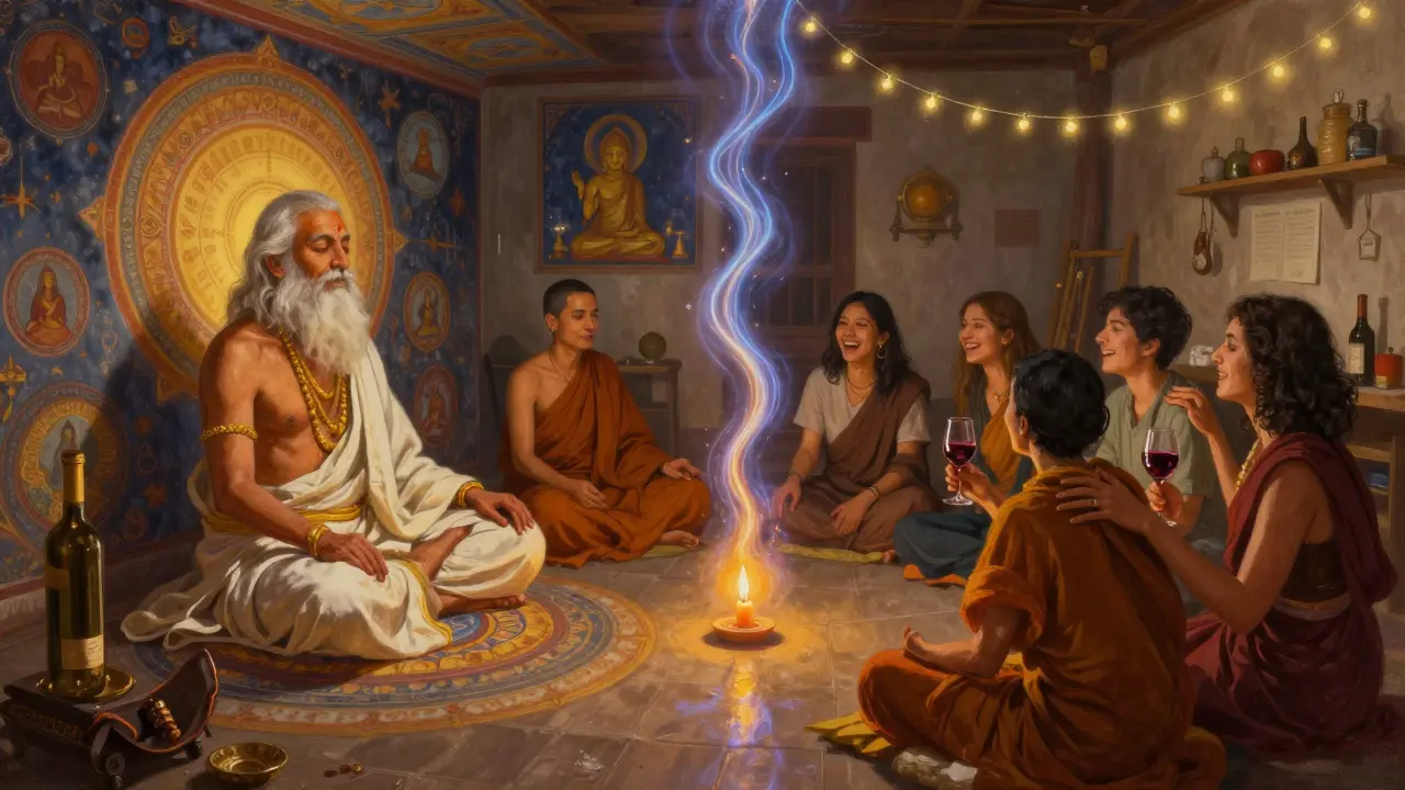 Dvě části obrazu: jedna ukazuje starověkého gurua v meditaci, druhá moderní workshop s lidmi, kteří se dotýkají – spojené svíčkou.