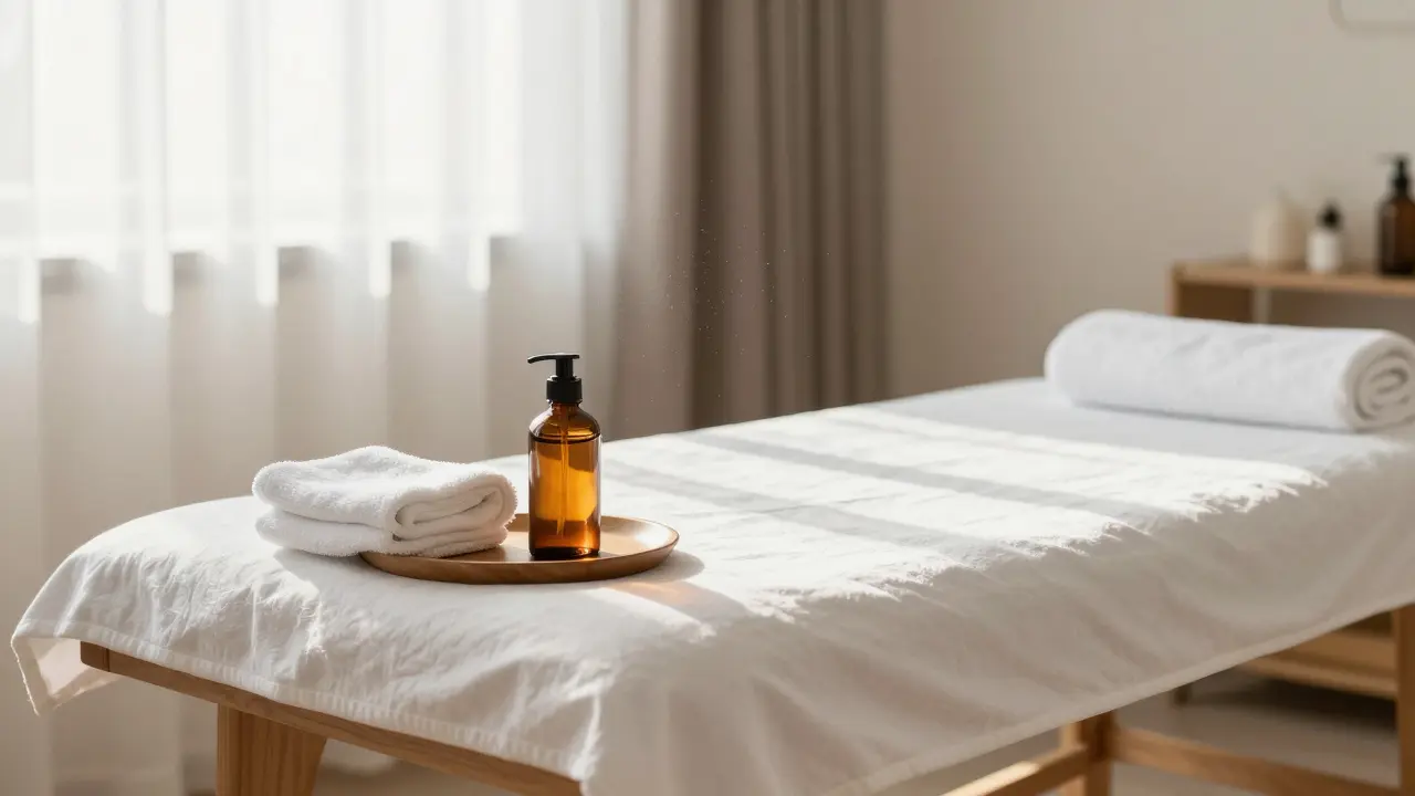 Příprava masážní místnosti s oleji a ručníky bez lidí.