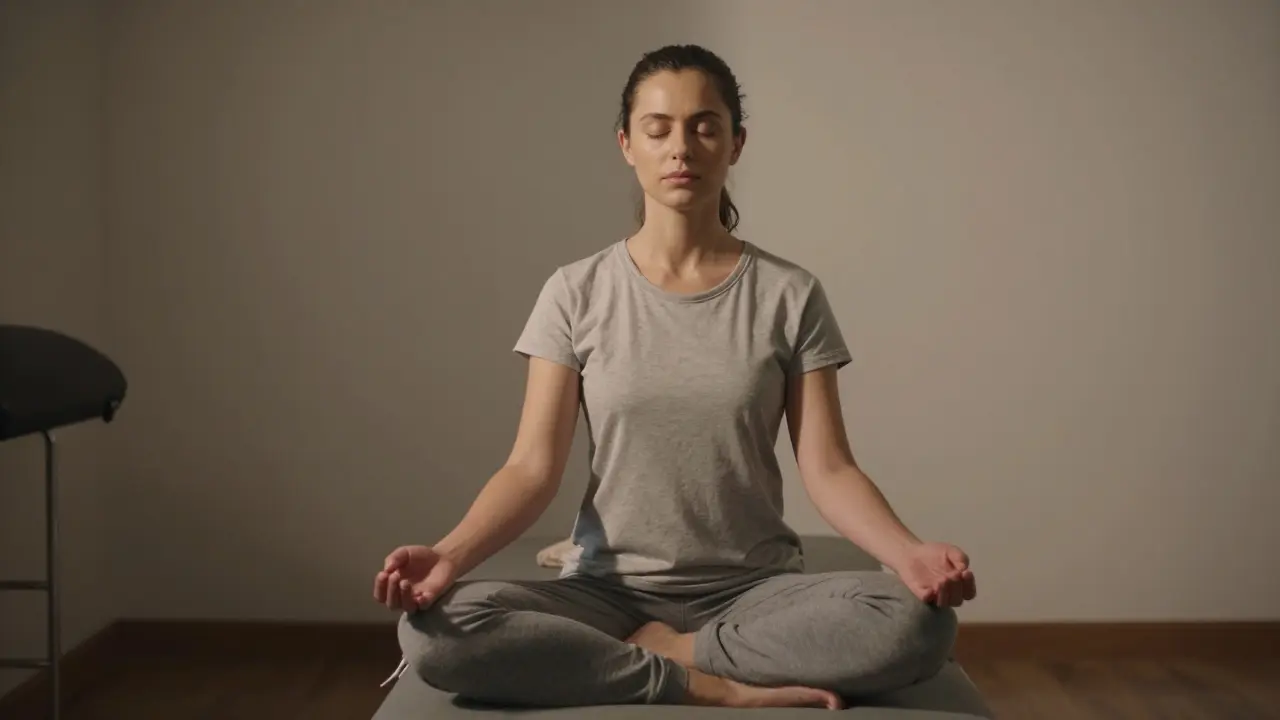 Terapeut v meditaci pro udržení vlastní energetické rovnováhy.