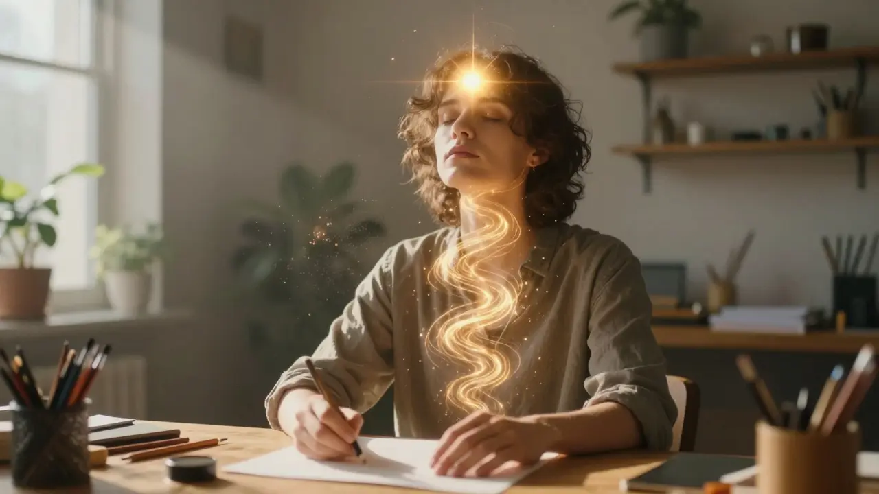 Člověk v tvůrčím flow s jemnou zlatou spirálou energie v oblasti hlavy.