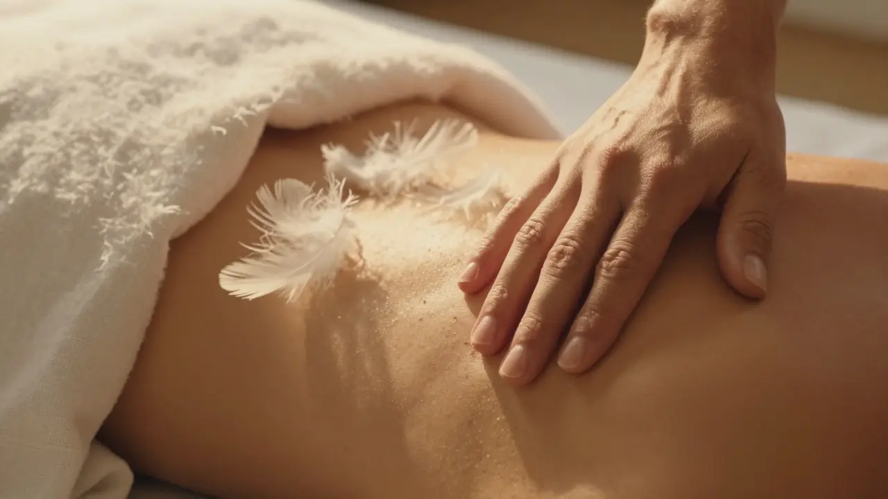 Detail jemného doteku s peřínkem a kožešinou na bílém lněném prostěradle.