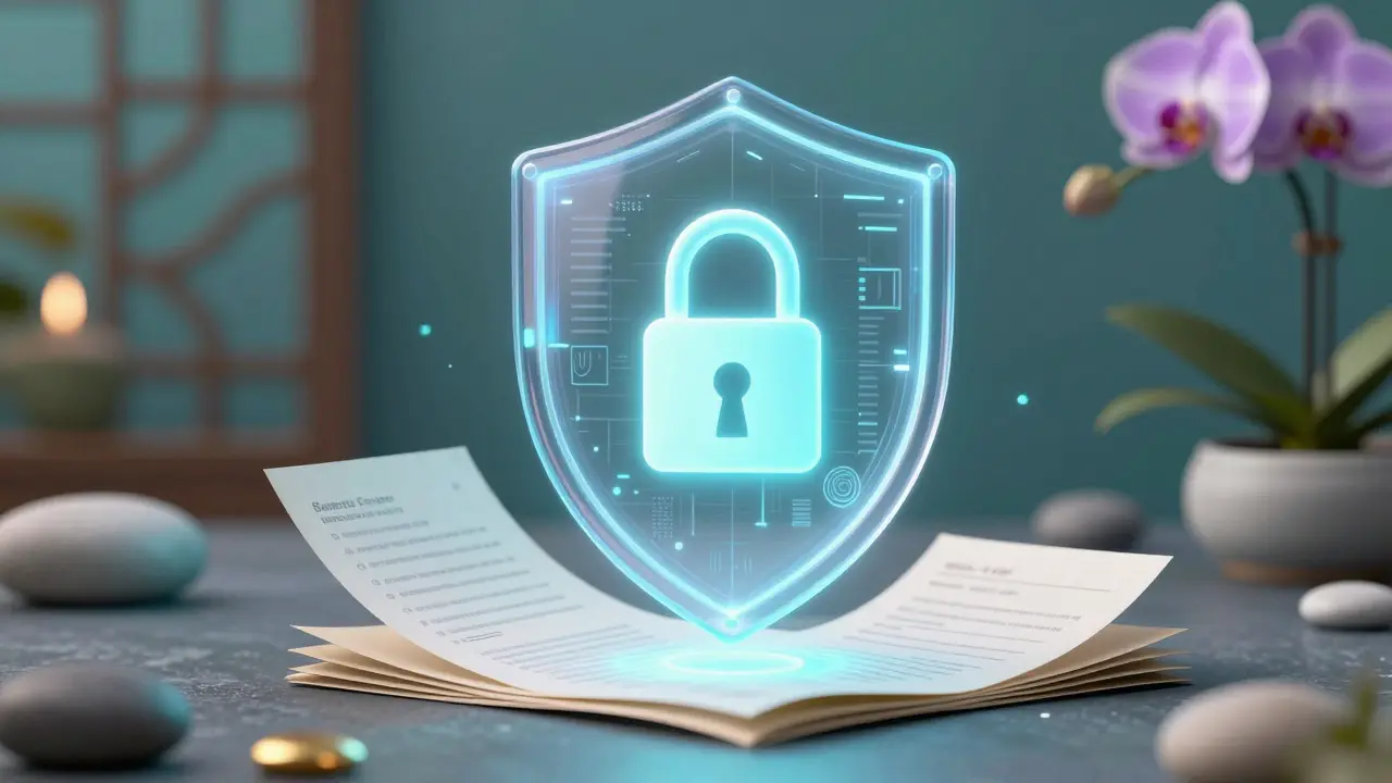 Digitální štít chránící citlivá data v pozadí elegantního wellness studia.