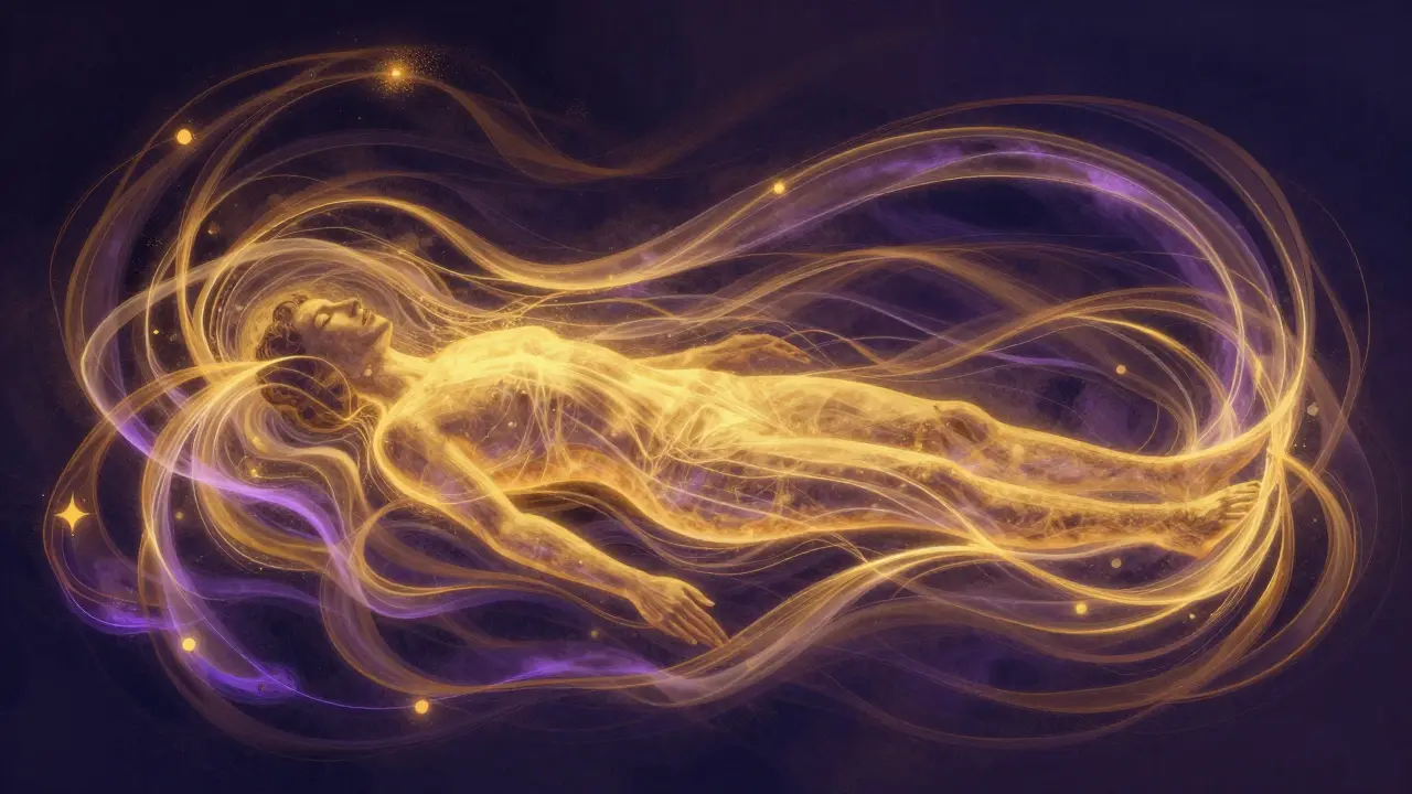 Konceptuální znázornění proudu energie a hlubokého relaxu v lidském těle.