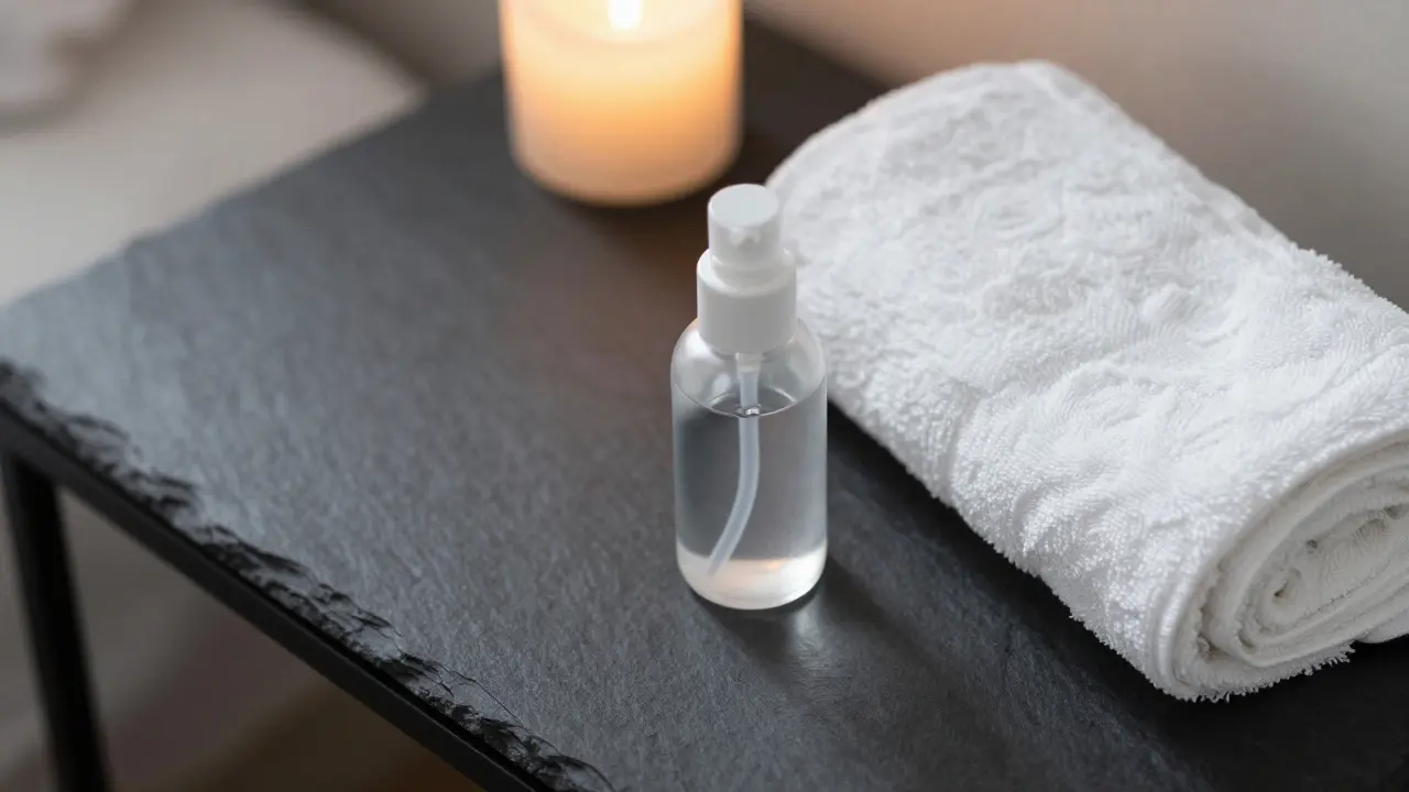 Lubrikant na vodní bázi a ručník na nočním stolku v minimalistickém stylu.