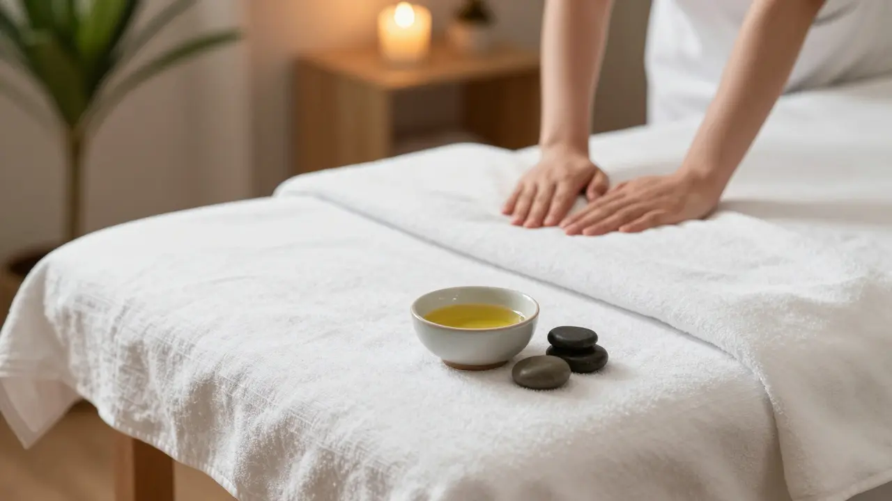 Připravený masážní stůl s bílými ručníky a miskou teplého oleje.